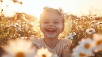 Happy child playing in a flower field during golden hour in spring, surrounded by daisies and sunlight photo