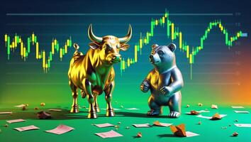 Bull and bear figures stand on colorful background with stock market trends depicted in the backdrop photo