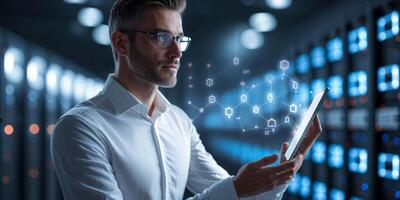Professional man using tablet in data center while interacting with digital connections and holographic elements photo