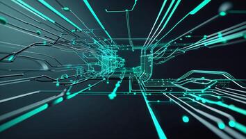 Visual representation of digital circuitry showcasing dynamic light trails and interconnected pathways in a futuristic setting photo