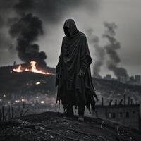 Mysterious figure stands amidst fire and smoke in a desolate landscape during a dramatic dusk photo