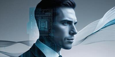 Man with digital enhancements showcasing the fusion of technology and human identity in a futuristic design photo