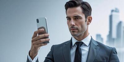 Man in business suit checks smartphone in urban setting during daytime photo