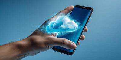 Innovative technology showing a hand holding a smartphone with digital cloud graphics emerging from the screen photo