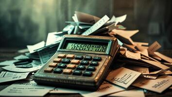 Calculator rests on a pile of receipts in a dimly lit room while someone organizes their finances photo