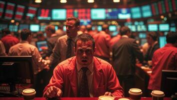 Traders in a busy stock exchange dealing with market fluctuations and high-pressure situations photo