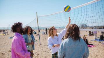 Friends enjoy beach volleyball on a sunny day with clear skies and sandy shores in a vibrant coastal location photo