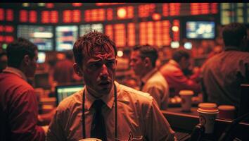 Traders engage in intense market activity during a bustling trading session in a financial district office photo