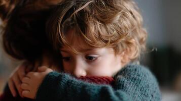 Emotional moment of a child hugging a parent indoors in a cozy setting during late afternoon photo
