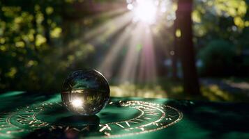Mysterious glass orb resting on ancient engraved surface in a sunlit forest clearing during early morning hours photo