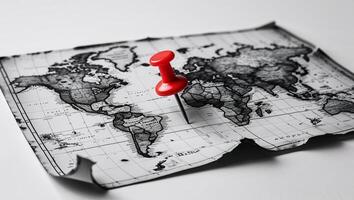 Map of the world marked with a red pushpin highlighting a specific location photo