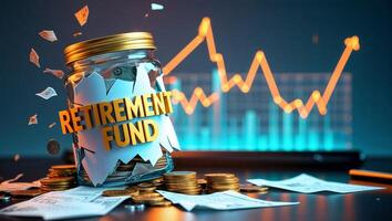 Retirement fund jar surrounded by coins and financial growth chart at a desk photo