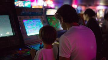 Father and son enjoy a fun gaming experience at an arcade filled with vibrant lights in the evening photo