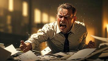 Frustrated man surrounded by scattered papers in an office environment during a chaotic moment photo