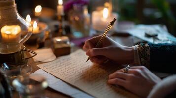 Writing a heartfelt letter by candlelight in a cozy, warm setting during the evening photo