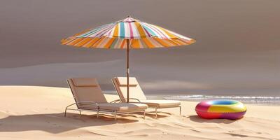 Lounge chairs and colorful umbrella on sandy beach at sunset with calm waves in the background photo