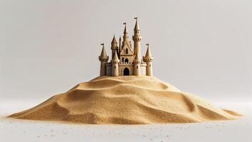 Sandcastle prominently displayed on a sandy mound in a minimalist setting showcasing artistic craftsmanship photo