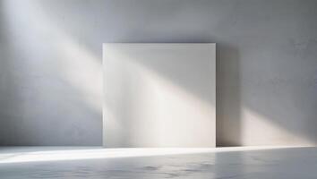 Empty white gallery wall illuminated by soft natural light, creating a serene and minimalist atmosphere ideal for art display or meditation photo
