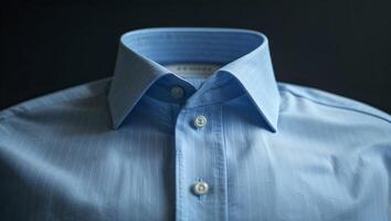 Blue dress shirt displayed on a dark background showcasing its texture and detailed button closure photo