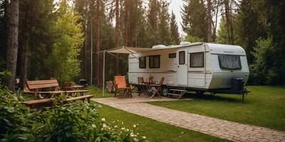 Cozy camper parked in a serene forest clearing surrounded by tall trees and natural beauty photo