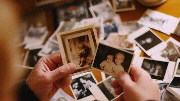 Exploring memories through old photographs on a wooden table filled with various snapshots photo
