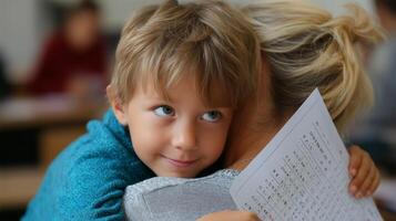 Young boy hugs caregiver while showing a paper filled with letters during a classroom activity on a bright school day photo
