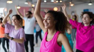 Group exercise class in a bright studio with participants enjoying a dance fitness session photo