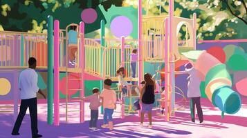 Children play joyfully on a colorful playground with climbing structures in a park on a sunny afternoon photo