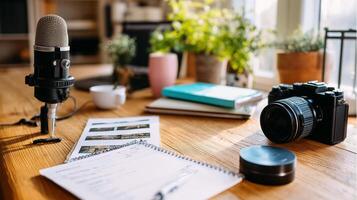 Workspace setup featuring a microphone, camera, and notepad in a bright room with greenery during daytime photo