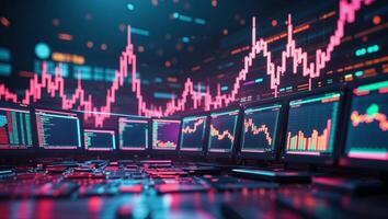 Traders analyze financial market trends with multiple screens showing stock charts and data in a dimly lit environment photo