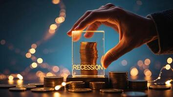 Economic downturn represented by hand placing coins in recession box surrounded by warm lights photo
