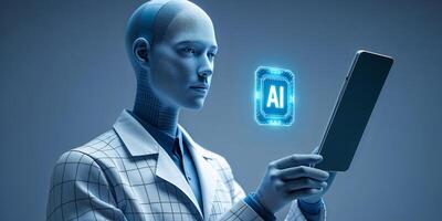 Robot interacts with digital AI interface in a futuristic laboratory setting during the day photo