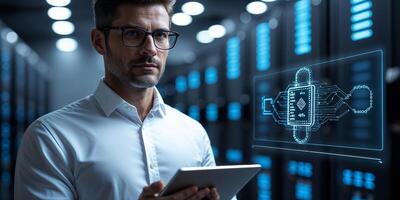 Technology expert analyzes data in high-tech server room during evening photo