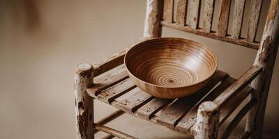 Wooden bowl placed on a weathered chair showcasing rustic craftsmanship and natural textures in a cozy setting photo