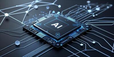Artificial intelligence processor on a circuit board with intricate designs and glowing connections photo