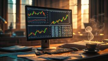 Trading desk with monitor displaying financial graphs, coffee cup steaming, and papers scattered, capturing the essence of stock market analysis photo