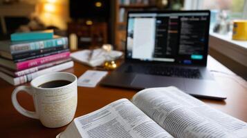 Cozy study setting with open book, coffee cup, and laptop on desk during a quiet afternoon photo