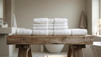Soft white towels neatly arranged on a rustic wooden table in a serene bathroom setting with modern fixtures and natural light photo