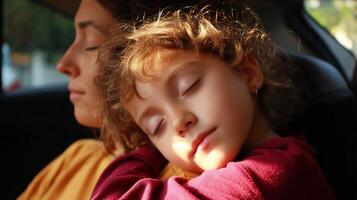 Embracing warmth in a car during a sunny afternoon with a child resting on adult's shoulder photo