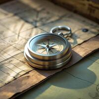 Detailed compass resting on an ancient map showing navigational routes and geographic features photo