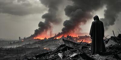 Desolation and despair fill the landscape amid flames and smoke at a war-torn site during the late hours of the day photo