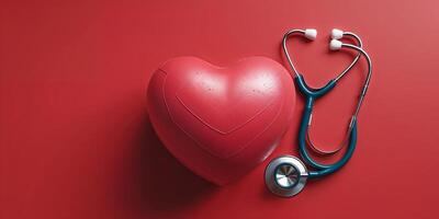 Heart symbol and stethoscope on a vibrant red background representing healthcare and wellness photo