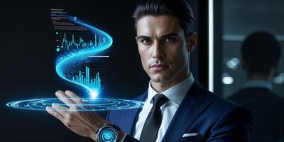 Businessman in a suit interacting with holographic data display in a modern office setting during the evening photo