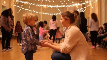 Family fun and connection at a community gathering in a warmly lit hall during an evening event photo