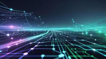 Abstract digital landscape featuring glowing lines and nodes representing data flow and connectivity in a futuristic setting photo