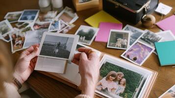 Exploring memories through a collection of family photographs on a wooden table photo
