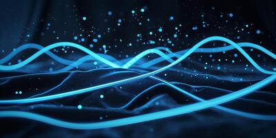 Blue light waves create dynamic patterns over a dark textured surface during a digital art installation photo