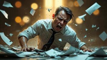 Professional man overwhelmed by chaos while surrounded by flying papers in a dimly lit environment photo