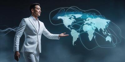 Business professional presents global network map in futuristic style with digital elements and world connections photo