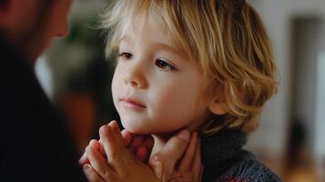 Young child interacts closely with adult in cozy indoor setting during afternoon photo